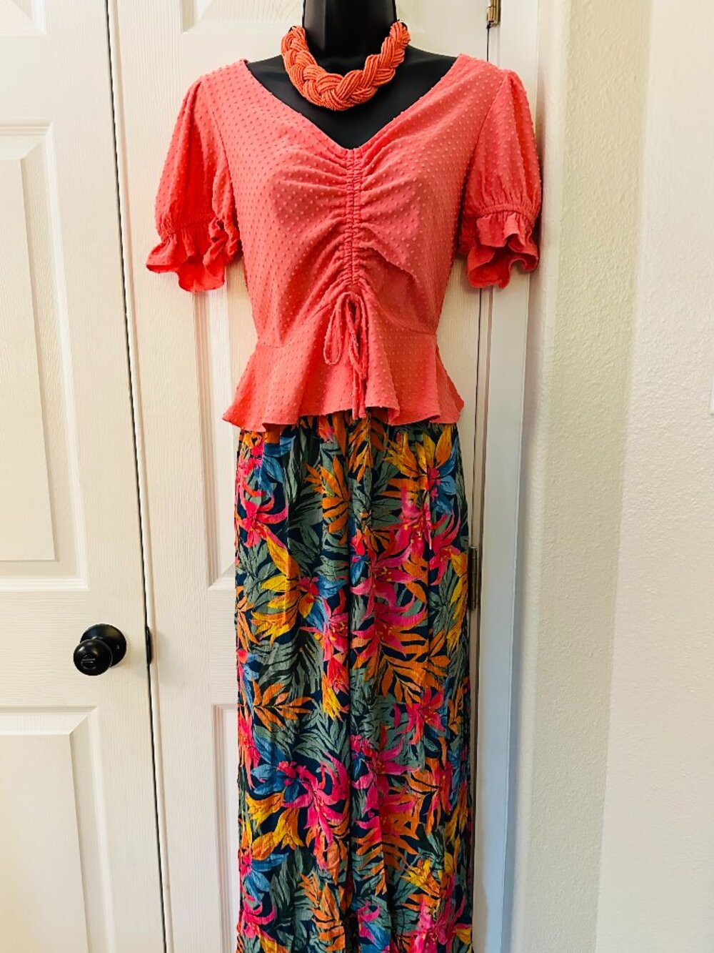 Meraki Coral Swiss Dot Ruched Peplum Top - Size S